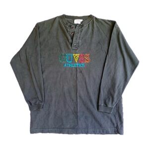 Vintage 90s‎ GUESS Athletics Embroidered Henley Long Sleeve Shirt Large USA Made